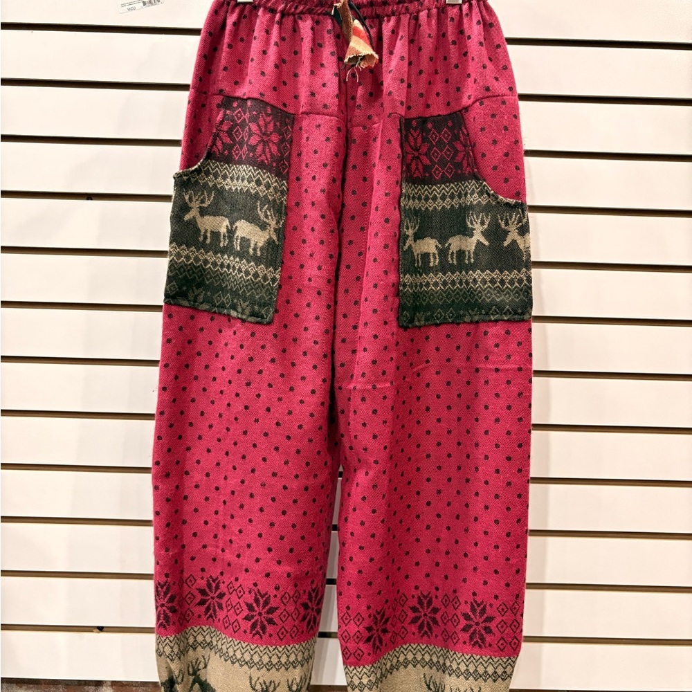 Festive Red Patterned Pants with Reindeer Pockets